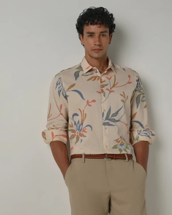 Mufti Beige Floral Print Textured Shirt